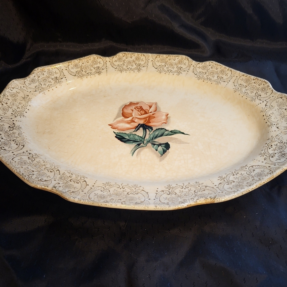 Oval Pink Rose 22 Kt Gold Trim And  Scalloped Edge Platter